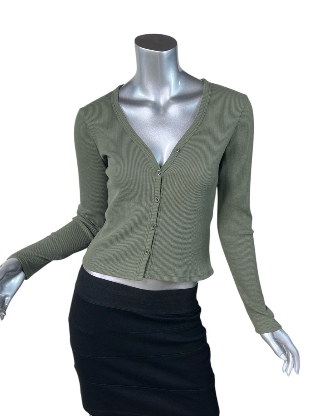 Harper & Ivy Women’s Small Crop Long Sleeve Thermal Henley Top Green